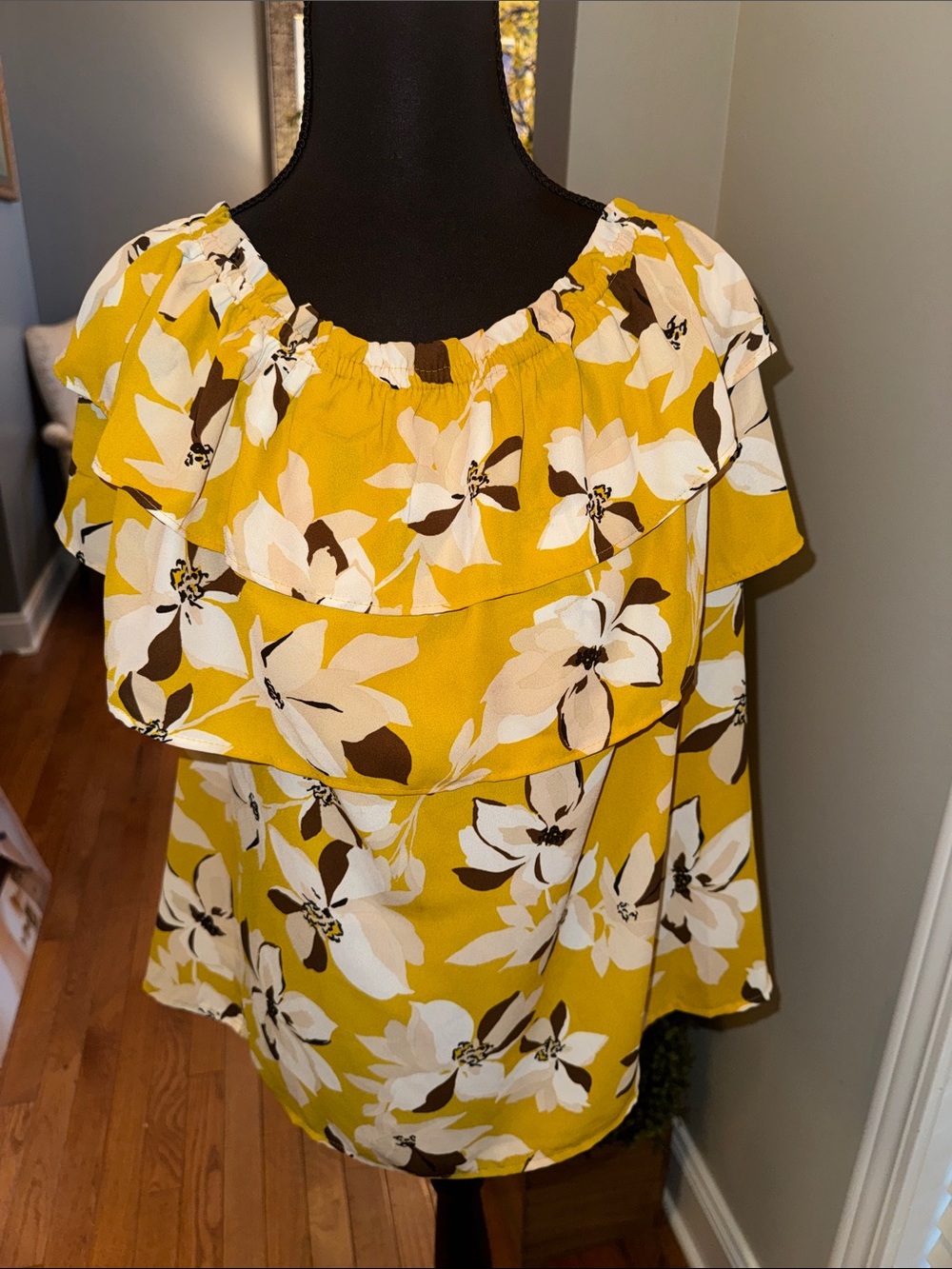 Ann Taylor Factory Mustard Yellow Floral Ruffle Off-Shoulder Blouse NWOT - XXL
